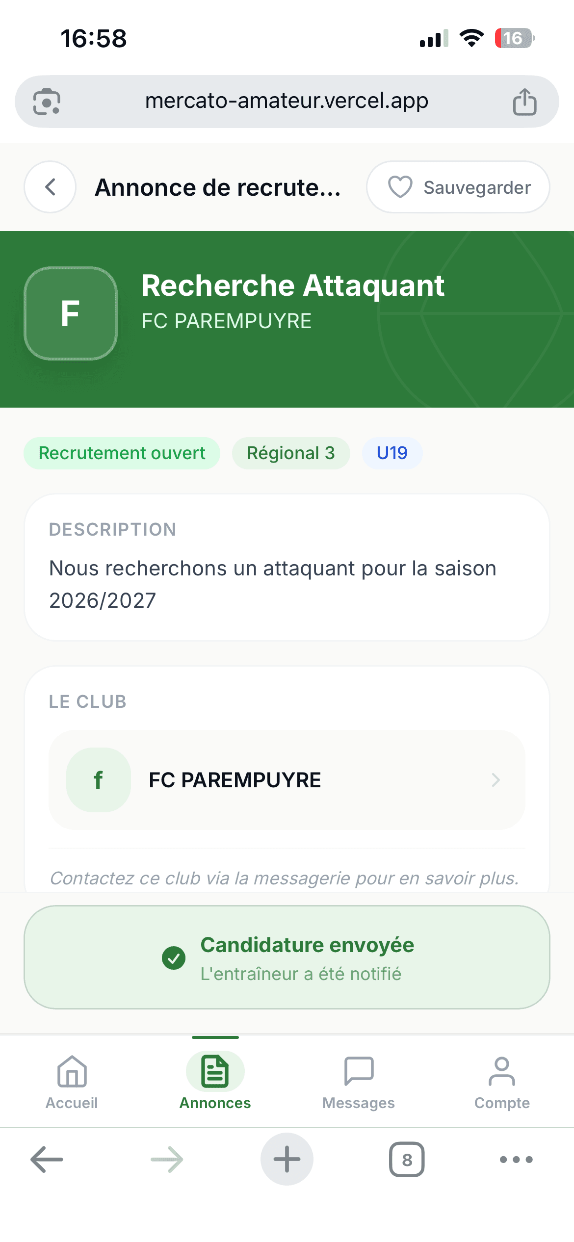 Détail d'une annonce avec candidature envoyée