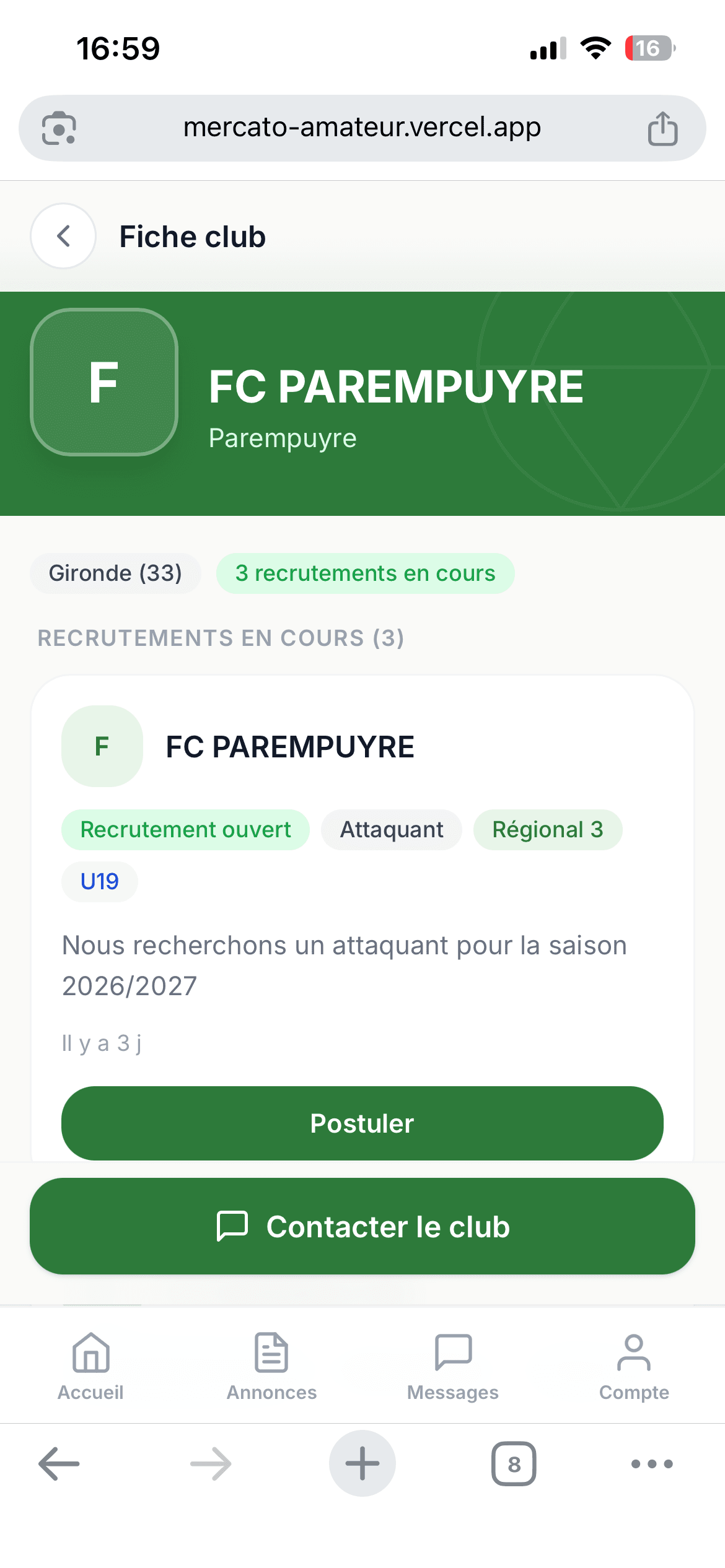 Fiche club avec recrutements en cours