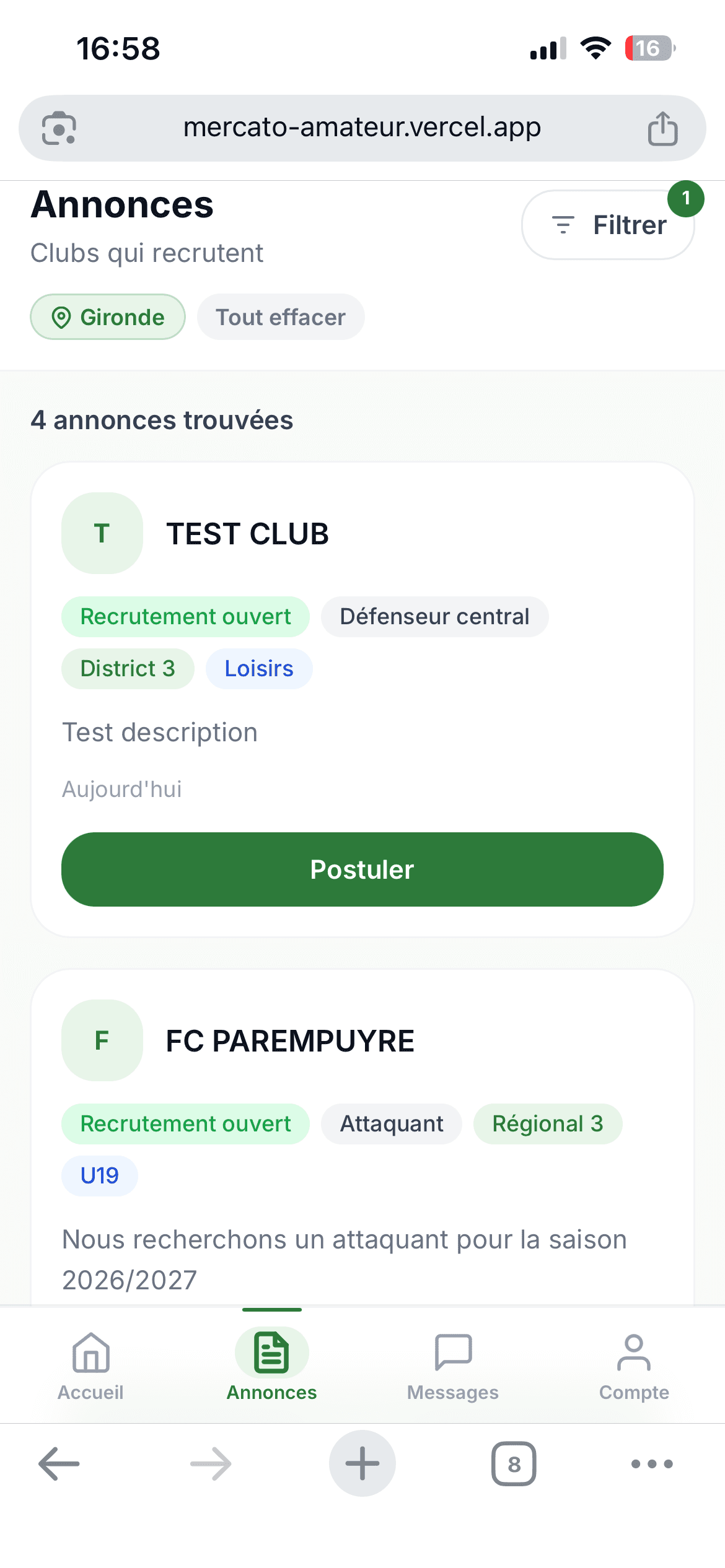 Liste des annonces filtrées par département